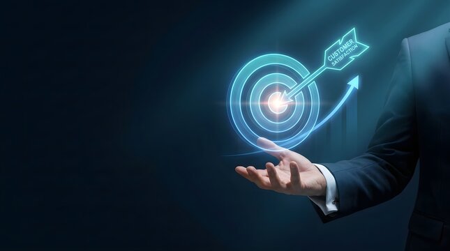 Businessman hand holding glowing customer satisfaction target and arrow, business goal achievement and client retention concept.