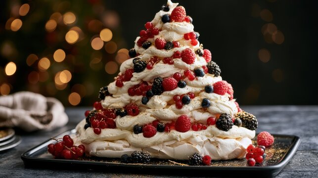A Christmas tree shaped pavlova cake with white cream, scattered berries, and edible gold dust on a modern black rectangular plate