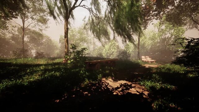 A serene forest landscape featuring tall trees, vibrant green plants, and wooden benches nestled in the midst of nature. Soft light filters through the leaves, creating a peaceful atmosphere.