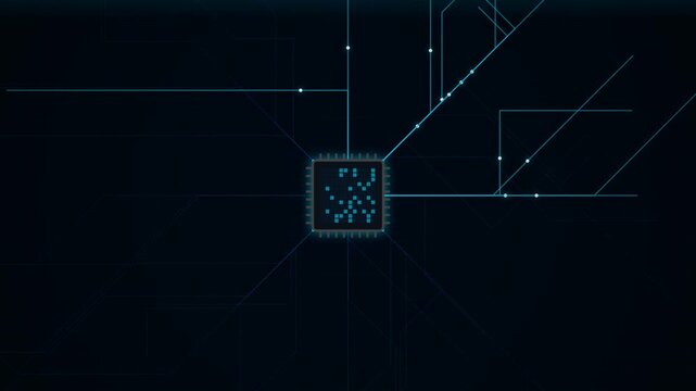 Blue tech interface with cube icon and network connection lines on dark background, representing technology, data system, digital dashboard, and futuristic UI motion graphic.