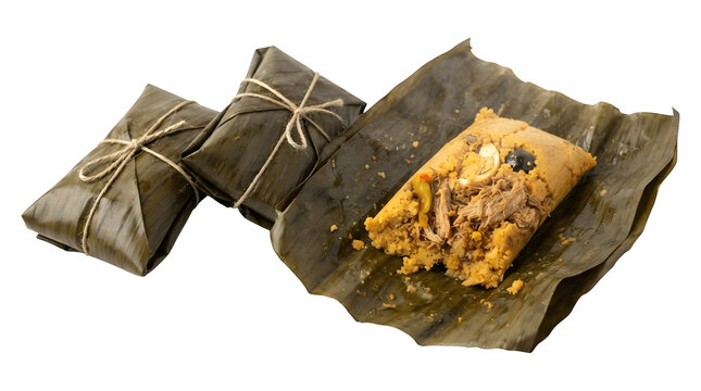 A traditional Latin American dish wrapped in banana leaves on transparent background