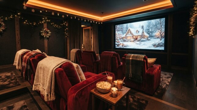 Cozy Home Theater Interior Decorated for Christmas with Luxury Red Recliners and Festive Movie Night