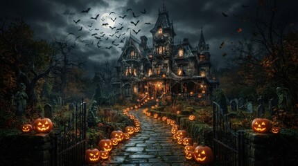Obraz premium Haunted mansion with flying bats and glowing pumpkins on a spooky Halloween night