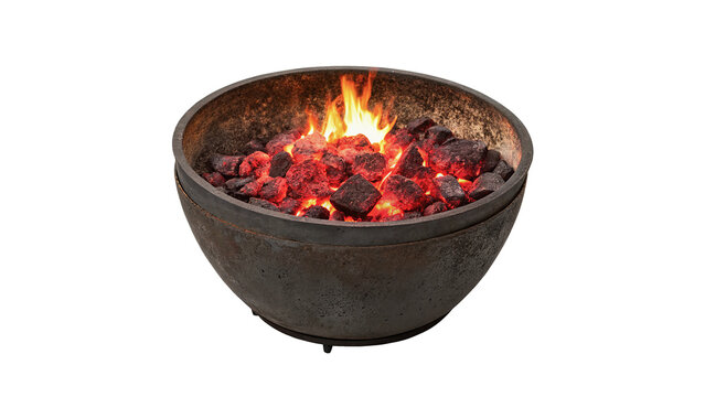 Traditional stone fire pit bowl charcoal grill flame outdoor isolated on transparent background