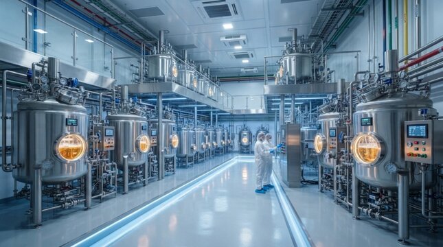 Modern pharmaceutical factory with scientists operating large stainless steel bioreactors in a lab