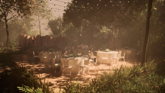 Elegant tables are arranged in a serene garden surrounded by greenery. Soft lighting creates a warm atmosphere for a gathering, with rustic decor enhancing the charm.