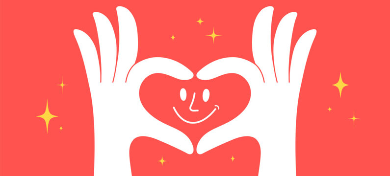 Hand sign Heart Love. Happy hand gesture sign art, cheerful hand gesture sign mark, cool comic gesture sign badge, palm arm finger graphic design element sticker artwork. Vector Illustration