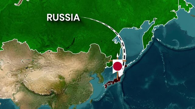 Animated Map Zoom Highlighting Connection Route from Russia to Japan