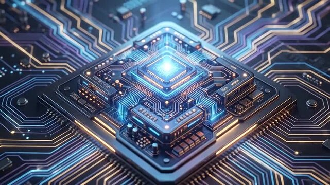 Futuristic microprocessor technology visualized in high detail with glowing circuitry patterns and digital elements