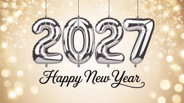 Happy new year 2027 metallic foil balloons with cursive text