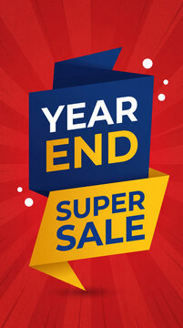 Bold graphic with "Year End Super Sale" text on a red radial background, representing a significant retail event and promotion