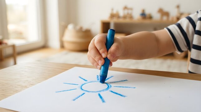 Close-up of a child drawing a blue sun with a crayon on white paper