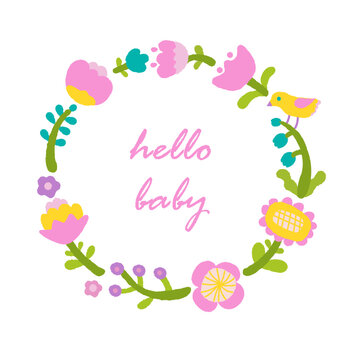 Simple naive floral wreath with colorful flowers and birds. Hand drawn spring garden illustration in a playful doole childish style. Perfect for baby announcement newborn, nursery and summer designs.