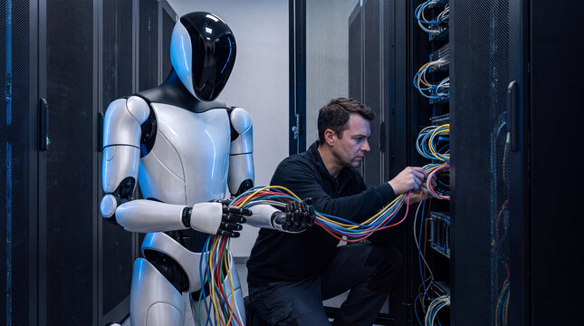 Robot and Technician Collaborating in Server Room: A modern humanoid robot stands beside a technician as they work together among rows of server racks.