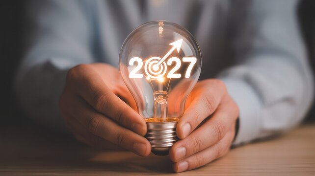 Hands holding light bulb with 2027 and upward arrow inside