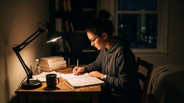 Young woman studying late at night at a desk illuminated by a lamp with books and a window in the background