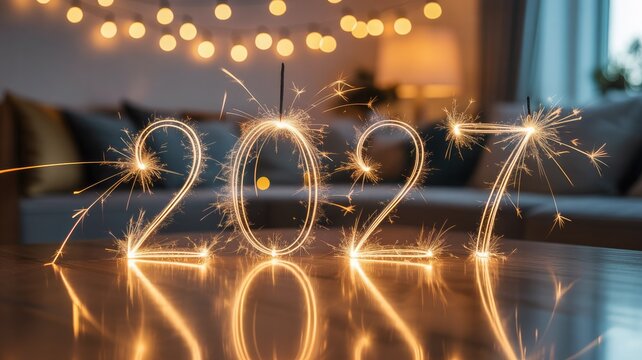 Sparkler fireworks creating 2020 to 2021 countdown effect