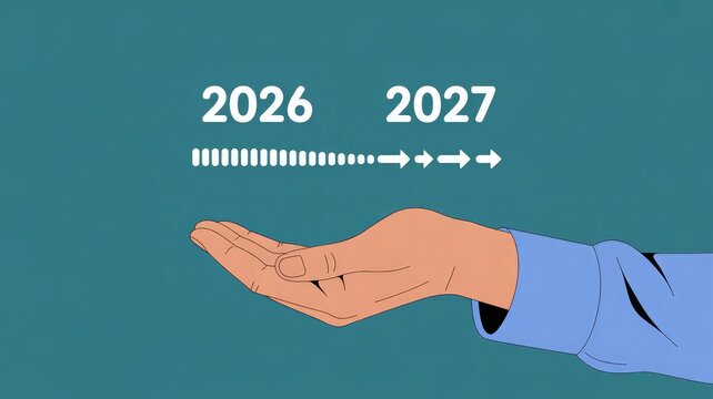 Hand holding coins with years 2026 to 2027 timeline illustration
