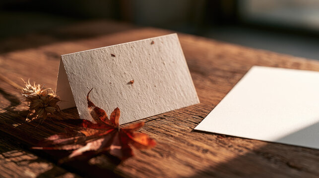 Thanksgiving place card mockup featuring blank cream folded card on rustic wood beside dried autumn leaf and wheat, warm sunlight, textured paper, shallow focus, copy space