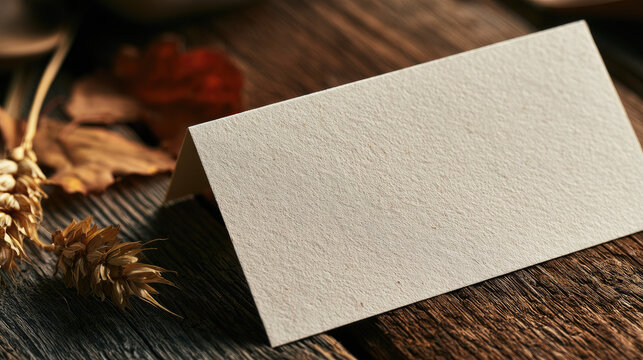 Cream folded place card on rustic wooden table with dried wheat and autumn leaf, warm side light and empty space for seasonal dining text