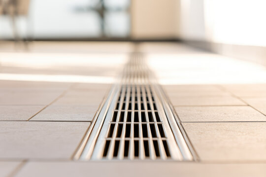 Stainless steel linear floor drain on tiled balcony with clean contemporary design and shallow focus detail