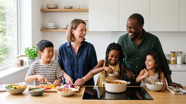 Diverse family happily preparing a healthy meal together in a bright modern kitchen, laughing and enjoying cooking