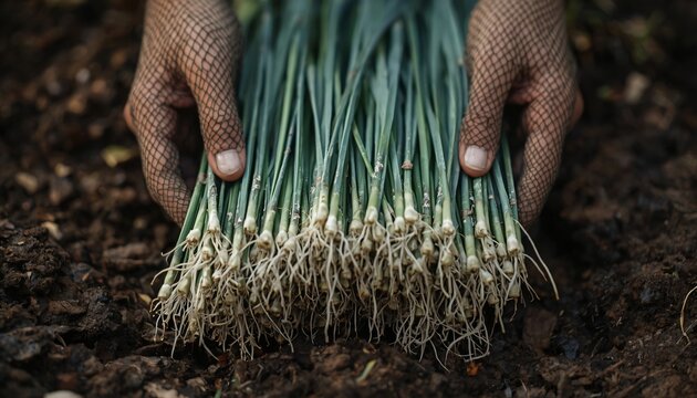 Lifting Interwoven Mat of Fresh Green fresh garlic Stolons from Earth