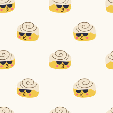 cute cinnamon roll character seamless pattern in sunglasses flat vector illustration happy autumn bakery food mascot streetwear textile background