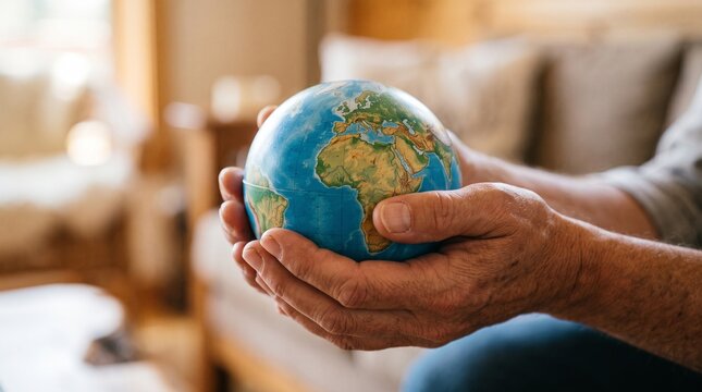 Elderly hands gently cradle a small globe representing the world and its future in a warm indoor setting