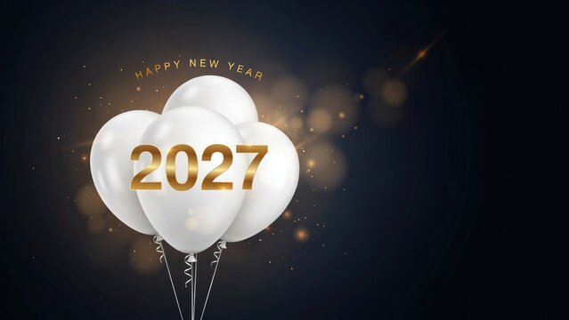 Happy new year 2027 celebration with white balloons and golden text