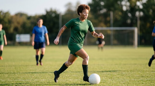 Woman with vitiligo playing soccer on a grassy field during a match with teammates in the background