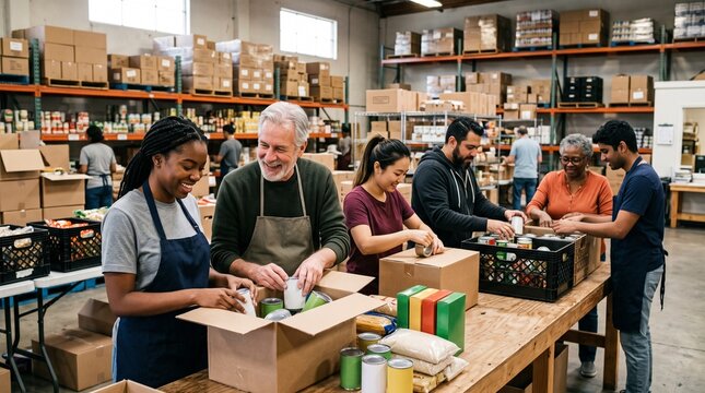 Diverse group of volunteers happily packing food donations in a warehouse setting for a charity organization