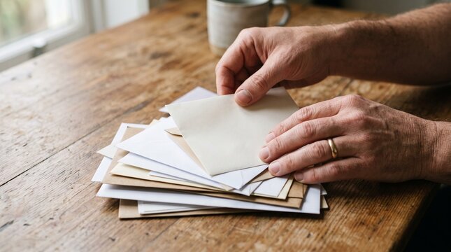 Man's hands sorting through a stack of envelopes on a rustic wooden table near a window