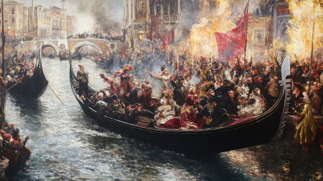Venice Carnival, Gondolas on Fire, Festive Crowd