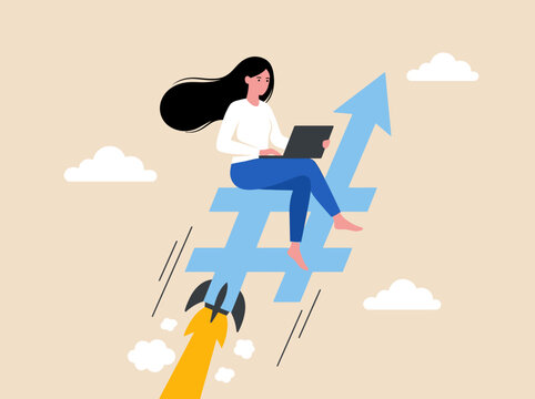 Woman on hashtag rocket representing viral social media growth and digital marketing success.