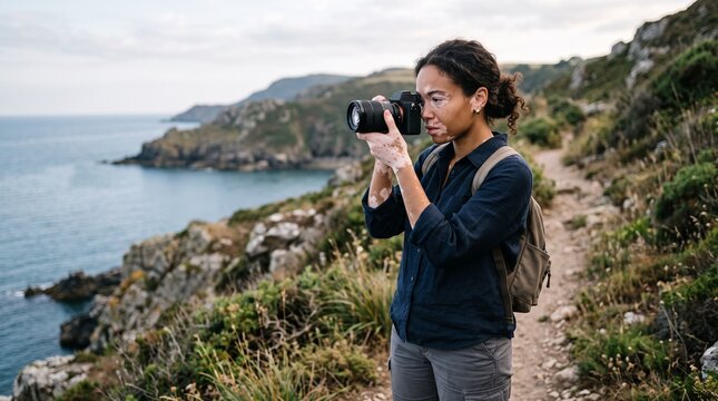 Woman with vitiligo photographs coastal landscape on a scenic hiking trail