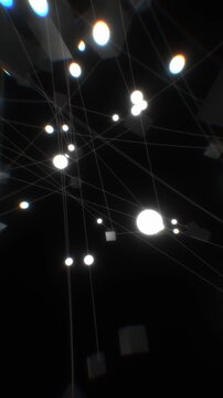 Optical data points and server nodes transmit energy through glowing lines in a vertical 3D render for mobile tech backgrounds and neural network loops