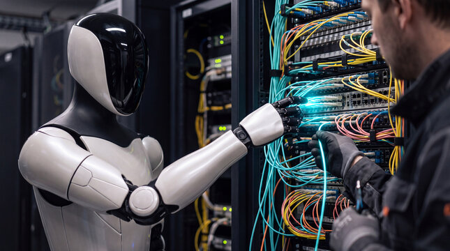 Human and Robot Collaboration in Data Center: A technician works alongside a futuristic robot, connecting fiber optic cables in a server room.