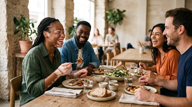Diverse group of friends enjoying a meal together at a restaurant, laughing and sharing food