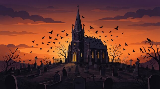 Spooky gothic church with graveyard and flying crows at sunset