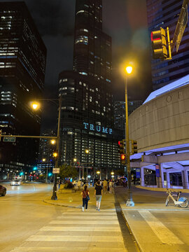Trump International Hotel and Tower seen from a downtown Chicago street at night on August 16, 2026