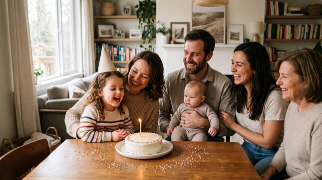 Multi generational family celebrating a young childs birthday with a cake and candles at home