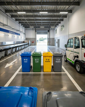 Recycling facility with sorting bins and electric vehicle waste management paper