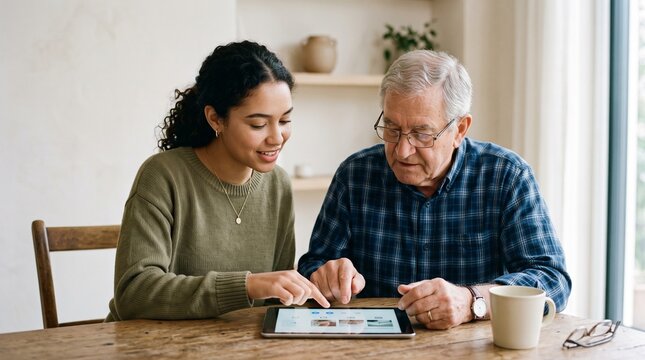 Young woman and elderly man looking at a tablet computer together at a wooden table