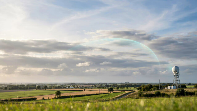 Rural Landscape with Radar Dome and Rainbow Arc in Sky weather technology