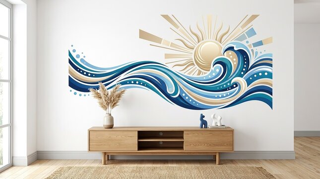 Abstract ocean wave and sun wall decal art in a modern minimalist living room interior.