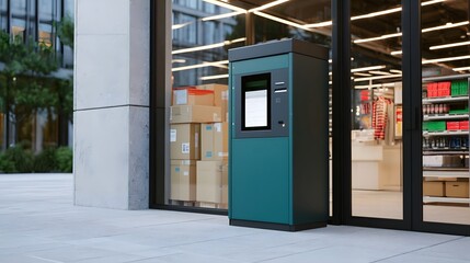 Fototapeta premium Modern outdoor kiosk for package pickup located outside a retail store with glass doors and visible interior shelves