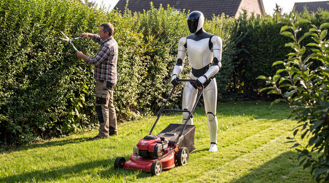 Robotic Lawn Care and Gardening: A human gardener trims a hedge while a modern robot mows the lawn in a sunny suburban garden, showcasing the integration of technology into home maintenance.