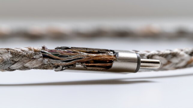 Frayed woven cable with exposed internal copper wires and metal connector on a clean white background showing detailed texture and wear