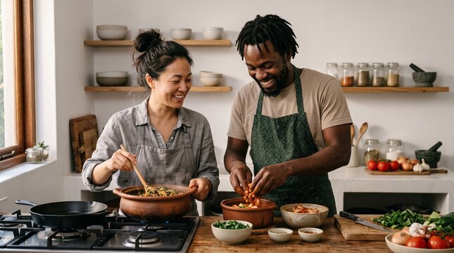 Diverse couple happily cooking a meal together in a bright, modern kitchen filled with fresh ingredients and spices
